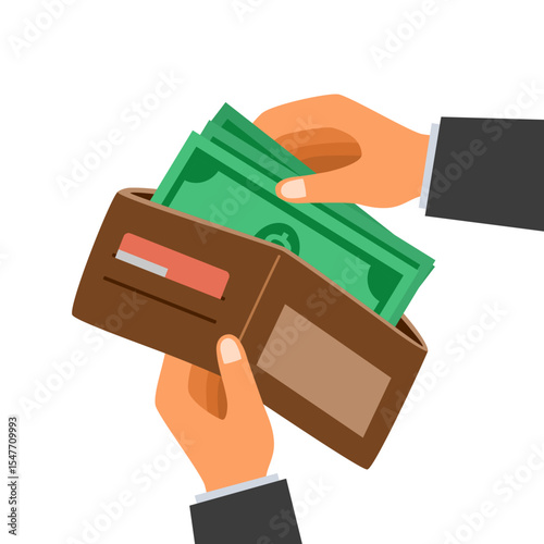 Open wallet with cash money and credit cards in man hands on white background. Businessman hands holding cash dollar banknotes. Payment concept.