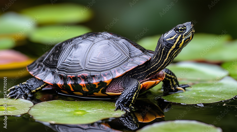 Painted Turtle Resting on Lily Pad in Natural Pond
Painted Turtle Resting on Lily Pad in Natural Pond