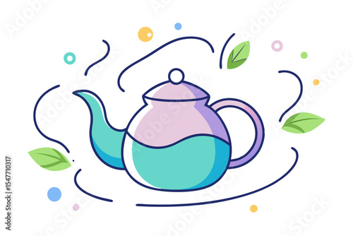 Minimal Line Art of Teapot with Tea Leaves Floating