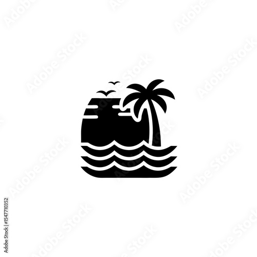 Tropical island with palm tree and waves under clear sky  