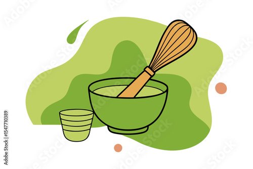 Hot Matcha Drink with Bamboo Whisk Vector Art