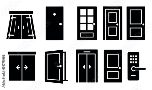 Door silhouette icon set. entry, security, hinge, sliding, knob silhouette icons
