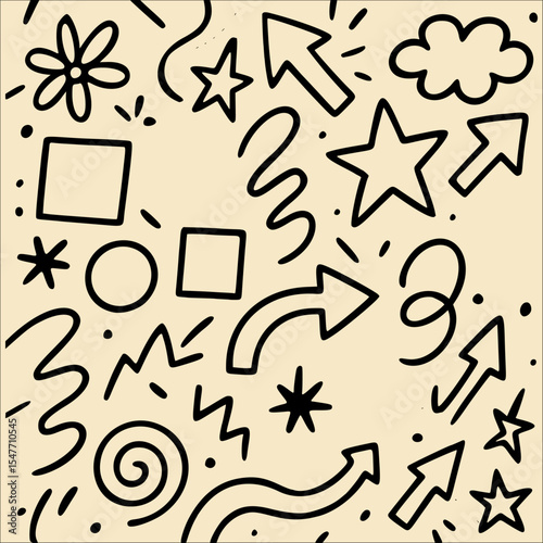 abstract vector illustration featuring a playful mix of hand-drawn doodles, geometric shapes, arrows, stars, and dynamic squiggles in bold