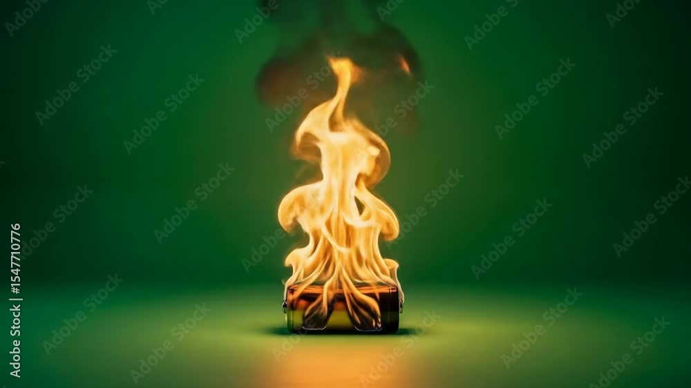 Flaming Battery on Green Background - A small battery is engulfed in flames against a solid green backdrop. Smoke rises from the burning battery, creating a dramatic visual effect.