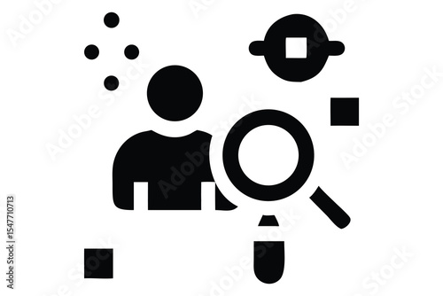 A stylized person with magnifying glass examines fragmented data.