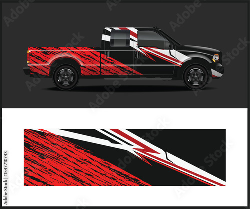 Black Pickup Truck with Red and White Racing Stripes Graphics Wrap