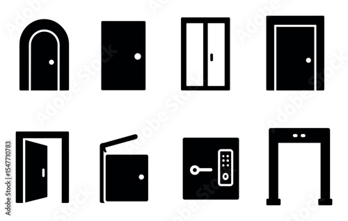 Door and security solid icon set. entry, safety icons for versatile use