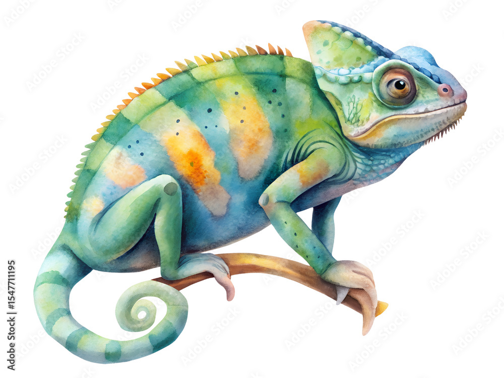 Fototapeta premium Watercolor Chameleon Illustration on Transparent Background
