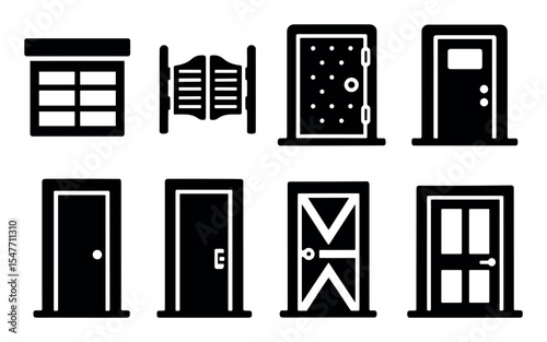 Door and entrance solid icon set: front, interior, exterior, and more