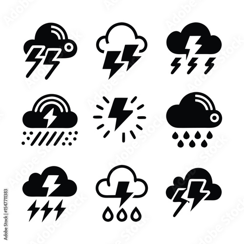Collection of minimalist weather icons representing thunderstorms and various precipitation conditions