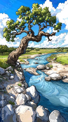 Serene Landscape Ancient Tree by Flowing River, Summer Day
