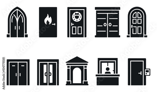 Door, entrance silhouette icon set. doors, gateways, entryways in simple black design