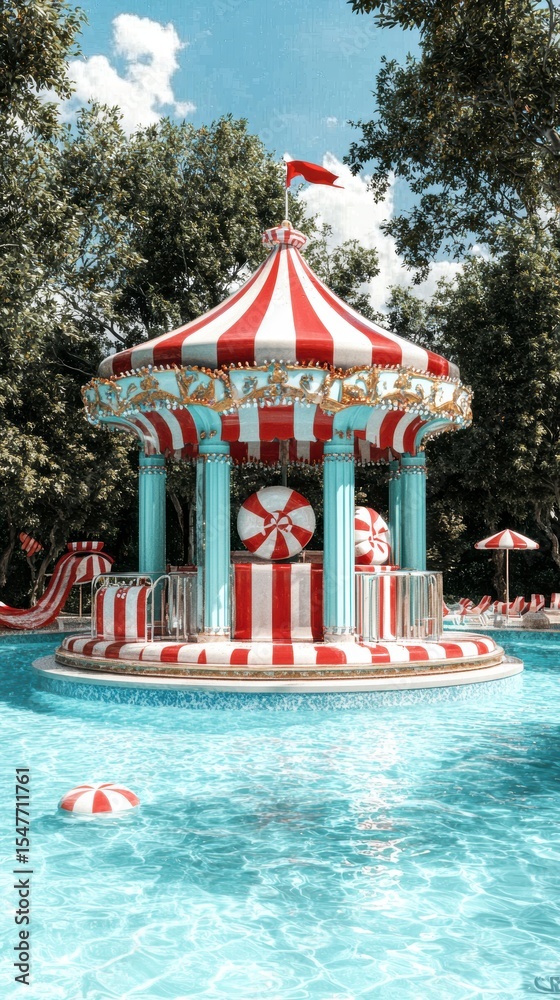 Obraz premium Enchanted Peppermint Carousel Pool Summer Fun in a Whimsical Water Park