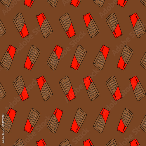 seamless pattern hand-drawn cartoon chocolate bars with red wrappers arranged diagonally on a brown background. The playful and colorful design is perfect for confectionery packaging