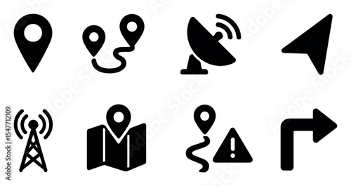 Navigation and location solid icon set. gps, map, satellite, direction icons collection