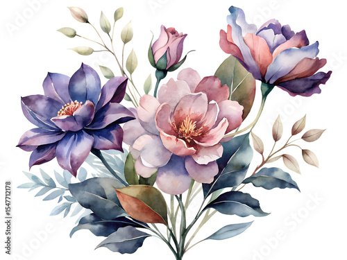 Watercolor Floral Bouquet with Purple and Pink Flowers on Transparent Background