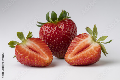 Three fresh strawberries with one whole and two halves isolated on white background