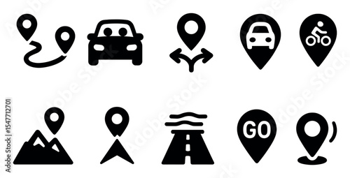 Navigation and travel solid icon set. map, destination, journey symbols collection