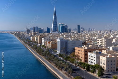 Jeddahs cityscape view features Kingdom Tower waterfront road buildings and skyline
