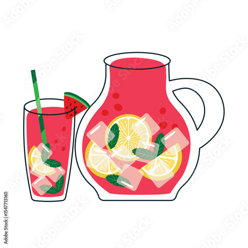 Watermelon lemonade in glass jar with slice lemon, ice ,mint, watermelon. Fresh summer fruit drink