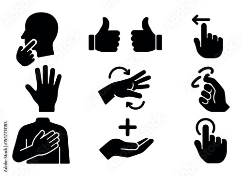 Gestures and hands solid icon set. communication and interaction symbols