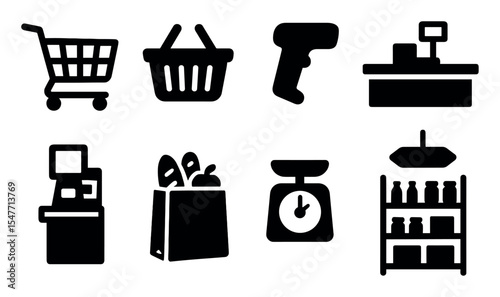 Retail shopping silhouette icon set. cart, checkout, barcode, basket silhouettes