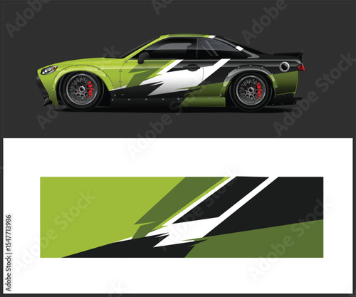 Lime Green Sports Car with Abstract Racing Livery and Matching Graphic