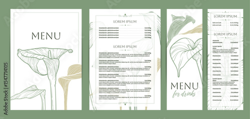 Colorful food and drinks menu designs. Restaurant menu template. Beautiful vector A4 format with high quality flowers for print and online. Saturated hand drawn line art calla lily illustrations.