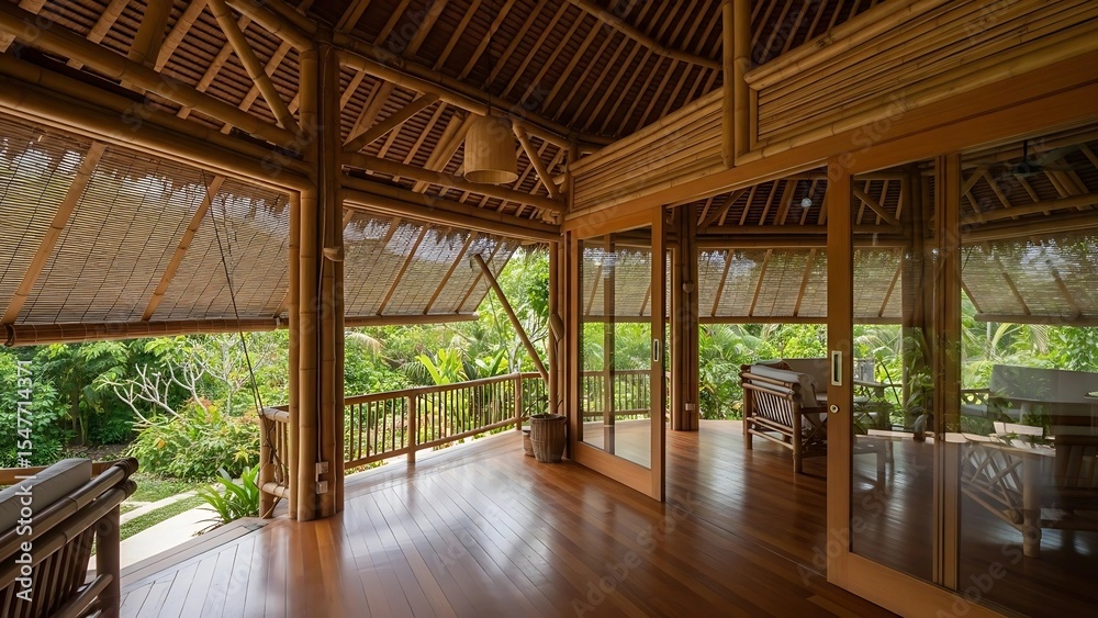 Serene Bamboo Interior with Tropical View Serene Bamboo Interior with Tropical View