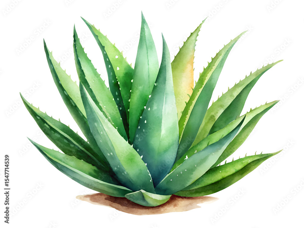 Fototapeta premium Watercolor Painting of a Lush Green Aloe Vera Plant