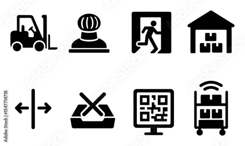 Warehouse equipment solid icon set for logistics and industrial tools