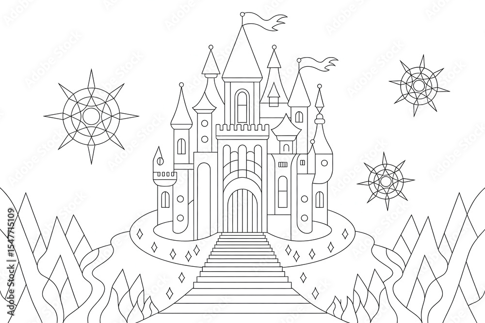 Naklejka premium Majestic castle atop mountains, surrounded by stars. 
