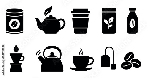 Coffee and tea silhouette icon set: cups, pots, brewing essentials in black