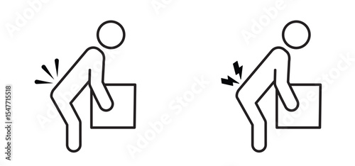 Heavy work. Medical complaints, body part pain. Cartoon stickman, stick figure man holding his back hurt. Backache symptom symbol. Back medical back pain. human, rheumatism, chronic back pain