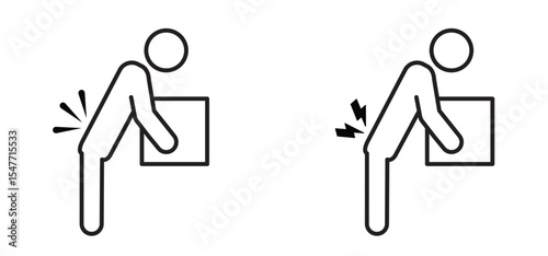 Heavy work. Medical complaints, body part pain. Cartoon stickman, stick figure man holding his back hurt. Backache symptom symbol. Back medical back pain. human, rheumatism, chronic back pain