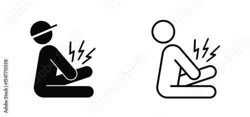 Cartoon myodynia or myalgia. A man has a cramp and scream pain. Unhealthy, suffer from pain, with spasm in leg. Medicine and healthcare. Sports injury, cramp due to sports activities.
