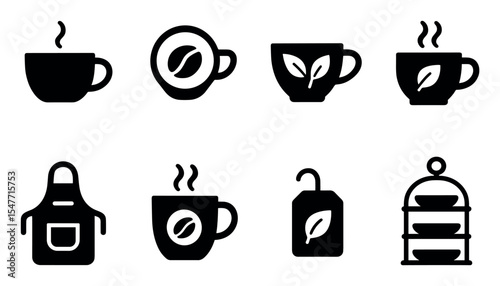 Coffee and tea solid icon set. beverage and cafe symbols filled collection
