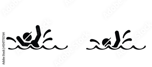 Cartoon kid, man or woman to sink or drown in the water, Can't swim. Stickman and two hands of drowning man in sea asking for help. Hands stretched. Helplessness, begs for rescue. No smimming.