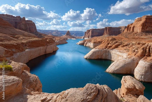 Lake Powell vista blue water flanked by layered red rock formations under a sky with scattered clouds