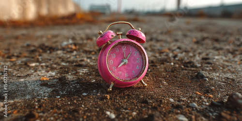 Pink Vintage Alarm Clock on Rough Ground Outdoors Timepiece Shows Time Rustic Setting Ground Texture Pebbles Brown Tones Golden Hour Light