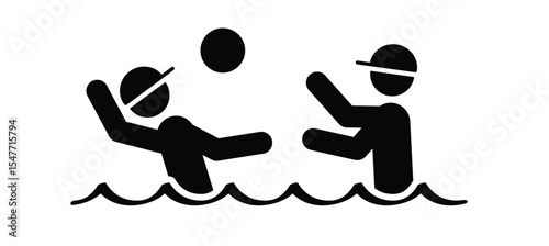 Cartoon water ball game. Two mans playing in water with ball or volleyball. water polo icon. Summer sports concept. Swim in the swimming pool. Waterpark idea. Play, jumping in the water