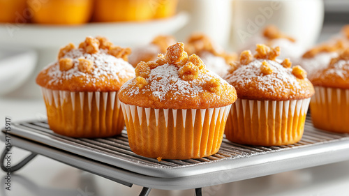 Delicious golden muffins topped with crumbs and sugar