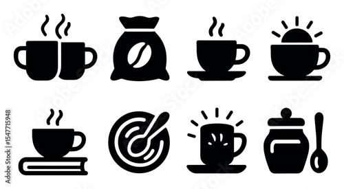 Coffee and tea solid icon set: cups, beans, breakfast icons solid collection