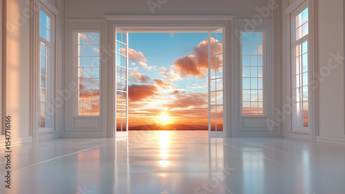 Bright room with open doors revealing stunning sunset