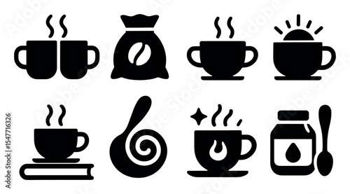 Coffee lover silhouette icon set. cups, beans, and steam in sleek black icons