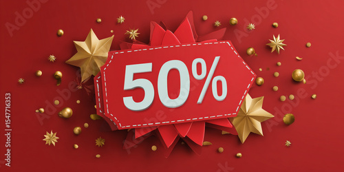Red Festive 50 Percent Off Sale Tag with Gold Stars and Confetti on Red Background discount
