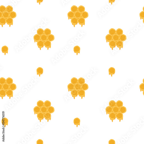 Seamless pattern with big honeycombs with honey flowing down and small honeycombs, hand drawn with trendy textures. Image for printing on wrapping paper and canvas, for kids, poster or banner