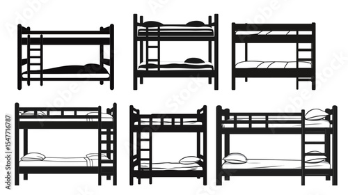 Black silhouette of a bunk bed with clean and simple design, representing shared bedroom furniture, space-saving solution for kids’ rooms, dormitories, and compact living areas, ideal for use in home,