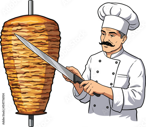 Illustration of a Turkish Chef cutting a doner slice, isolated on white background