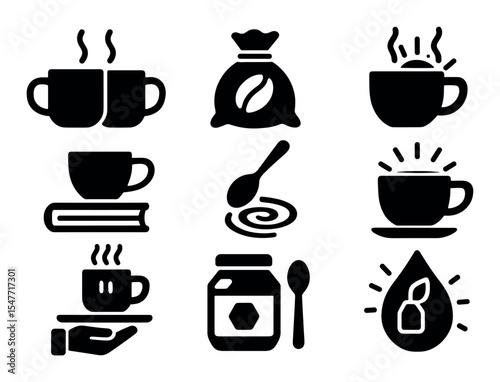 Coffee and beverage solid icon set. brewing, cafe, cup, hot drink icons in solid style